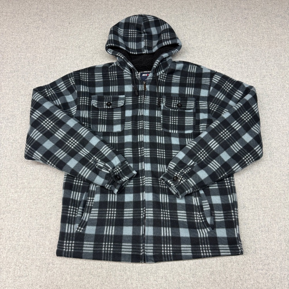 Outerwear Hooded Fleece Jacket XL Blue Black Plaid Sherpa Lined Full Zip Heavy